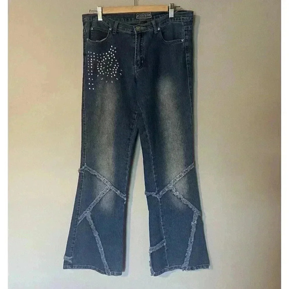 O’lico Women's Denim Flare Embellished Jeans Size 11/31 Hippie Y2k Distressed - Picture 1 of 12